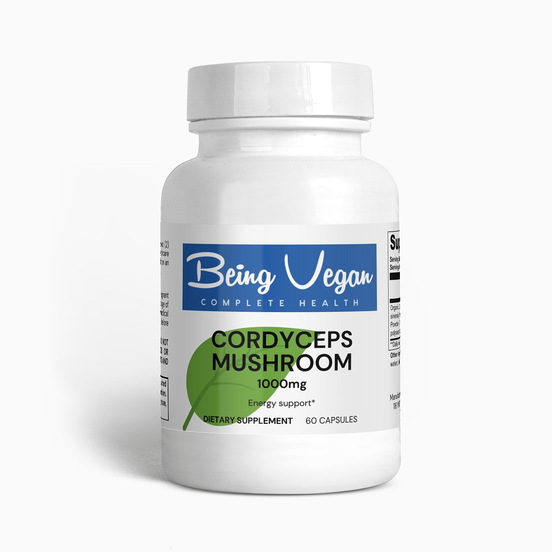 A white bottle of Being Vegan Cordyceps Mushroom Capsules designed to enhance immunity, support red blood cell production, and boost energy levels naturally.