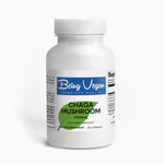 A white bottle of Being Vegan Chaga Mushroom Capsules designed to support gut health and immune function, made from organic Chaga mushrooms, packed with phytochemicals and polysaccharides.