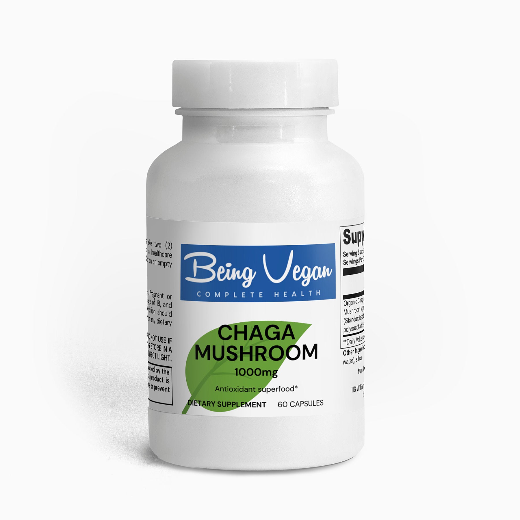 A white bottle of Being Vegan Chaga Mushroom Capsules designed to support gut health and immune function, made from organic Chaga mushrooms, packed with phytochemicals and polysaccharides.