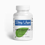 Being vegan Ashwagandha supplement bottle front view, an ancient herb known for supporting stress relief, mental clarity, and overall well-being through its adaptogenic properties.