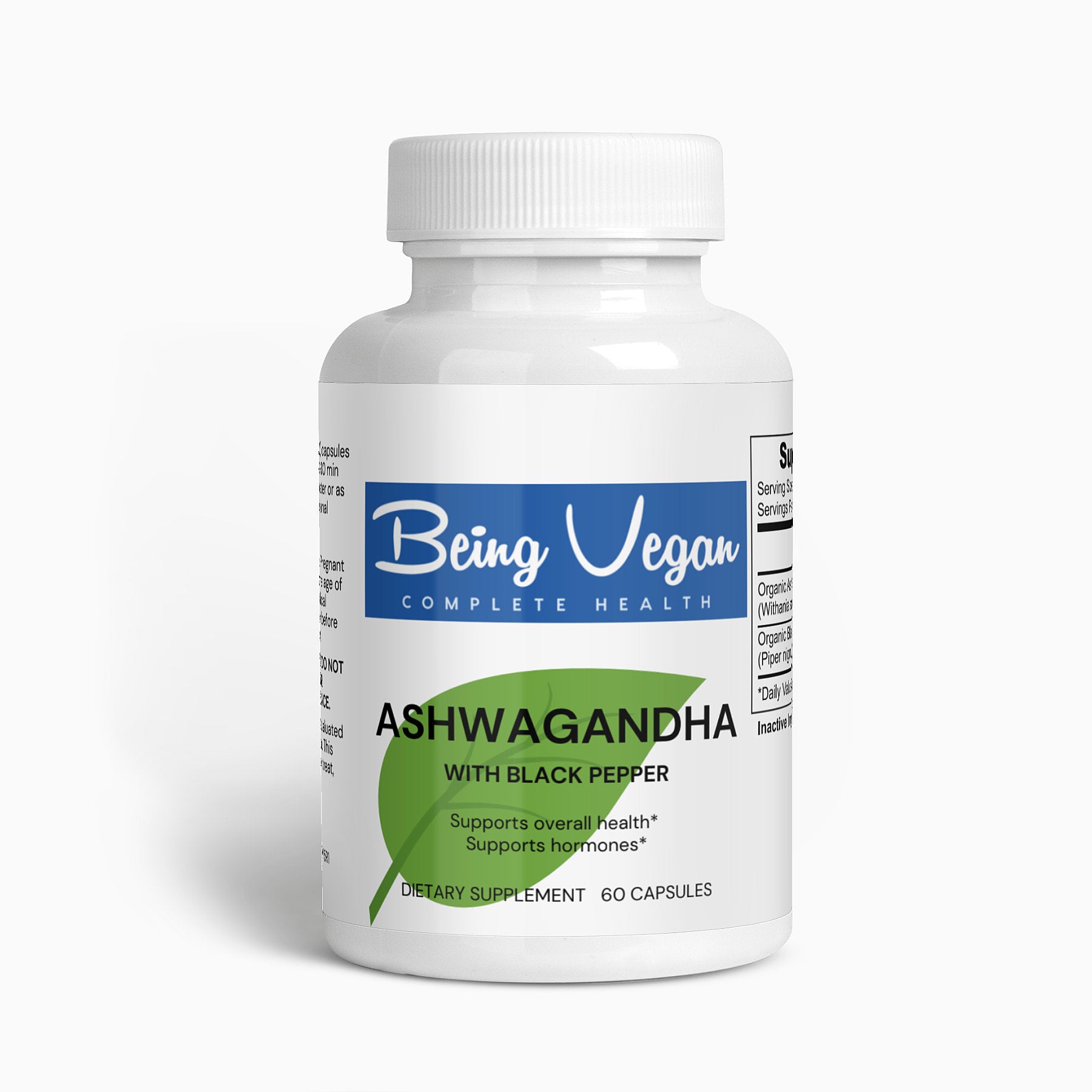 Being vegan Ashwagandha supplement bottle front view, an ancient herb known for supporting stress relief, mental clarity, and overall well-being through its adaptogenic properties.