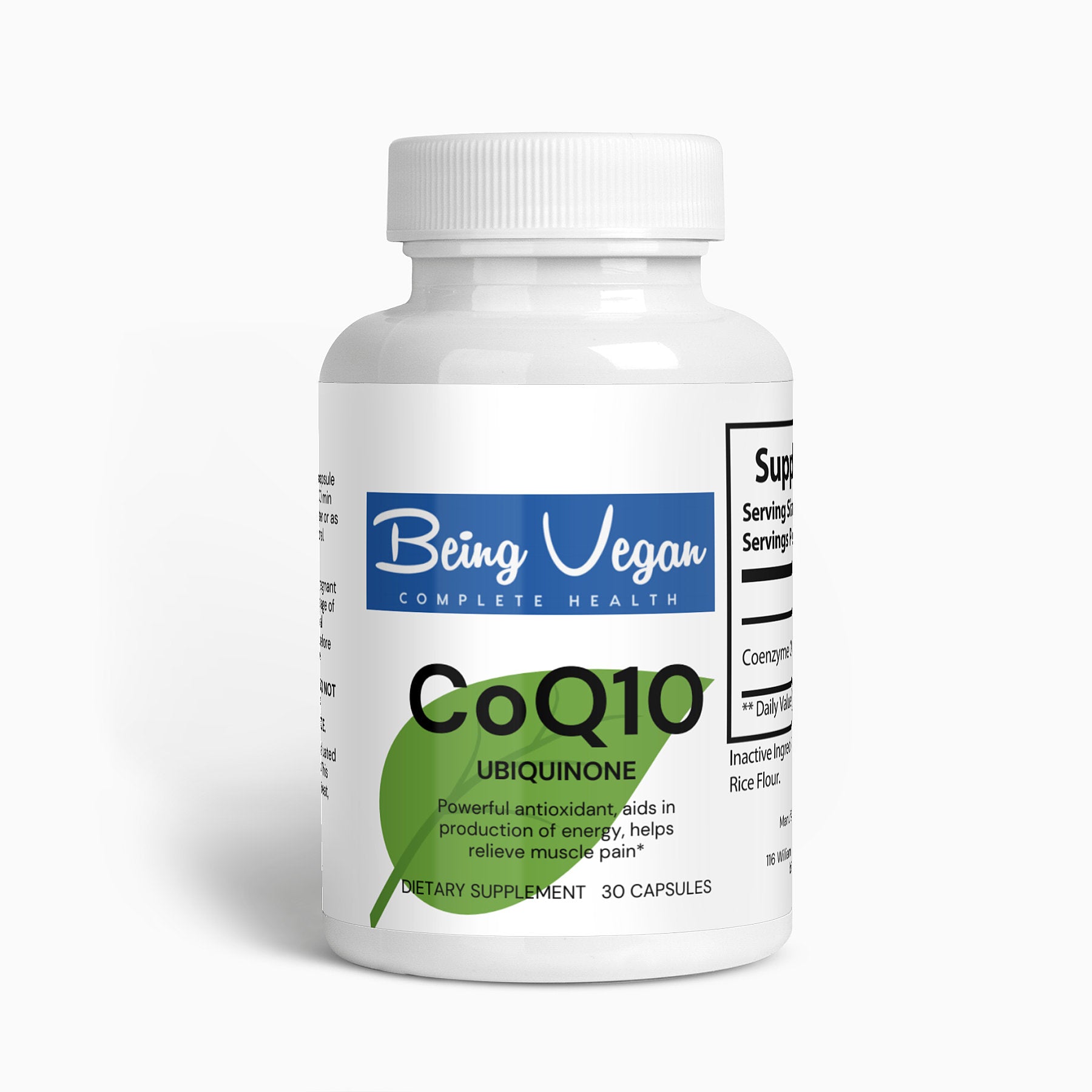 A white bottle of Being Vegan CoQ10 Ubiquinone Capsules designed to support energy production, cellular health, and protection against oxidative stress.