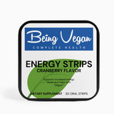 Black tin of Being Vegan Cranberry-flavored Energy with Oral Strips inside designed for quick energy boosts, mental clarity, and sustained endurance with green tea caffeine, L-Theanine, and Vitamin B12.