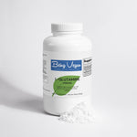 A container of L-Glutamine Powder next to a scoop of powder, symbolizing its benefits for gut health and muscle recovery