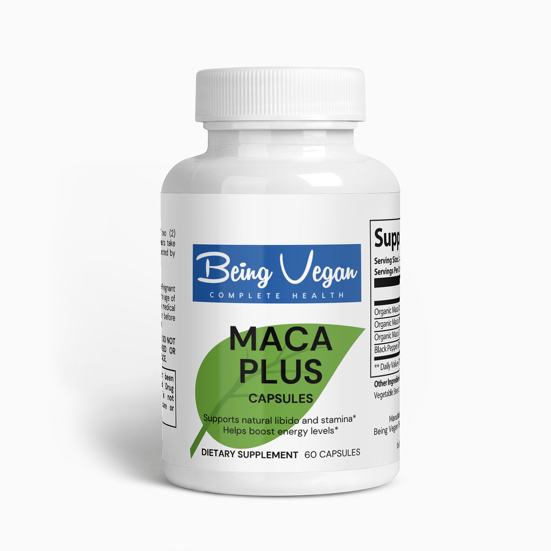 A white bottle of being vegan maca plus capsules highlighting the natural support of libido and stamina and boosting energy levels