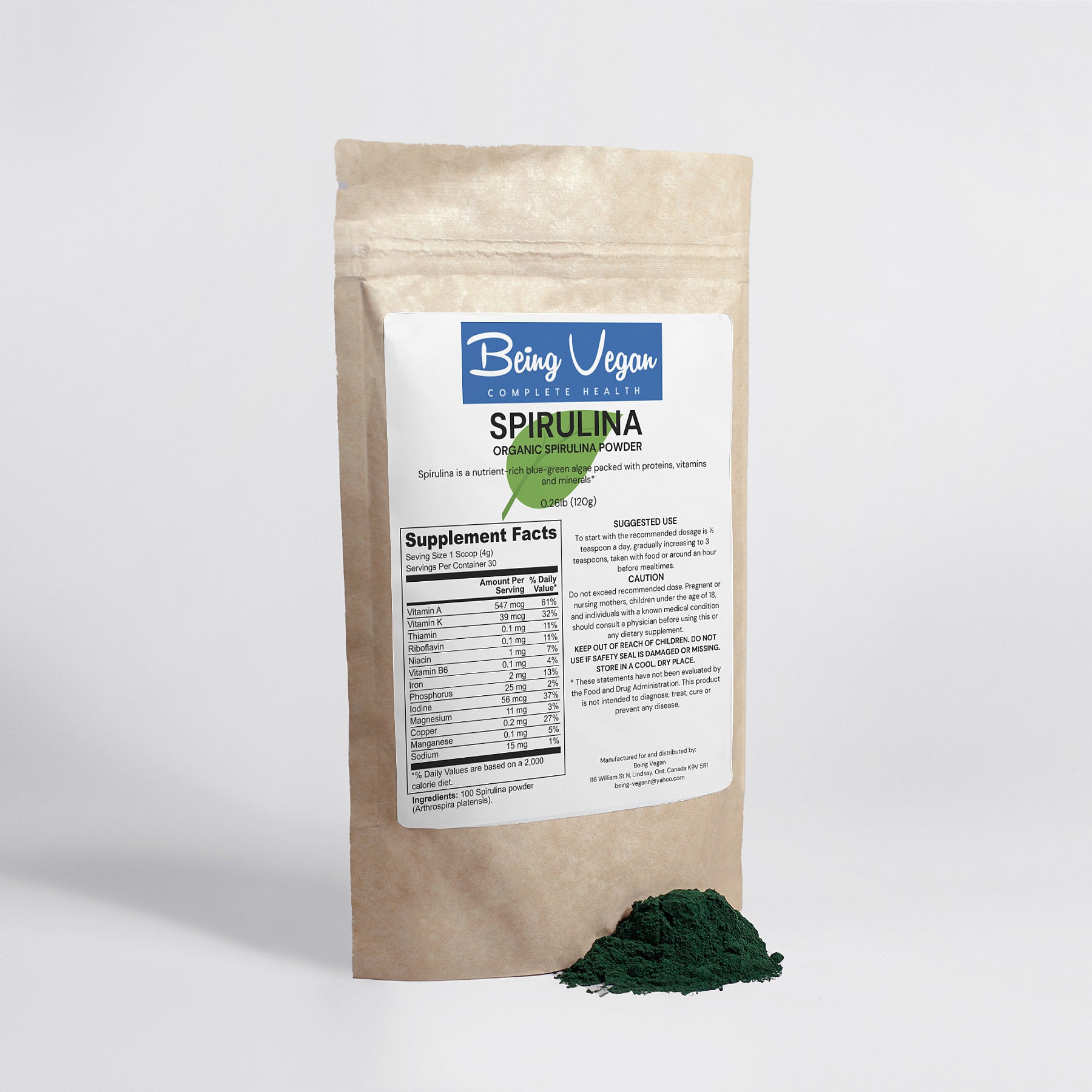 Being vegan green spirulina organic powder shown beside a brown package highlighting the natural health boosting benefits