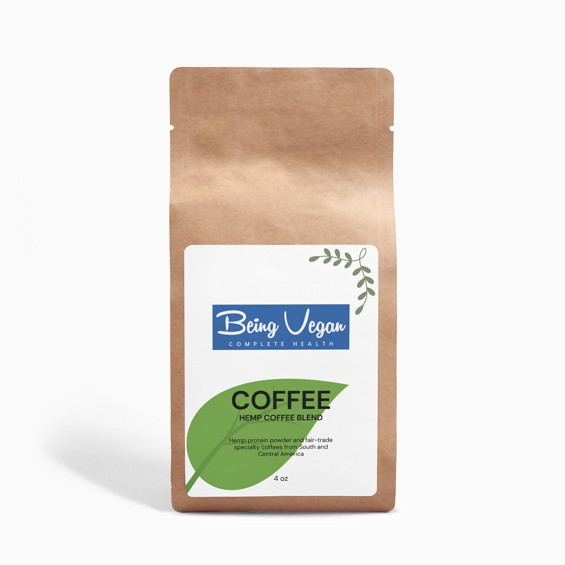 Brown bag of Being Vegan Ground Hemp Coffee Blend featuring organic Arabica coffee and hemp protein, with fair-trade ingredients from Central and South America.