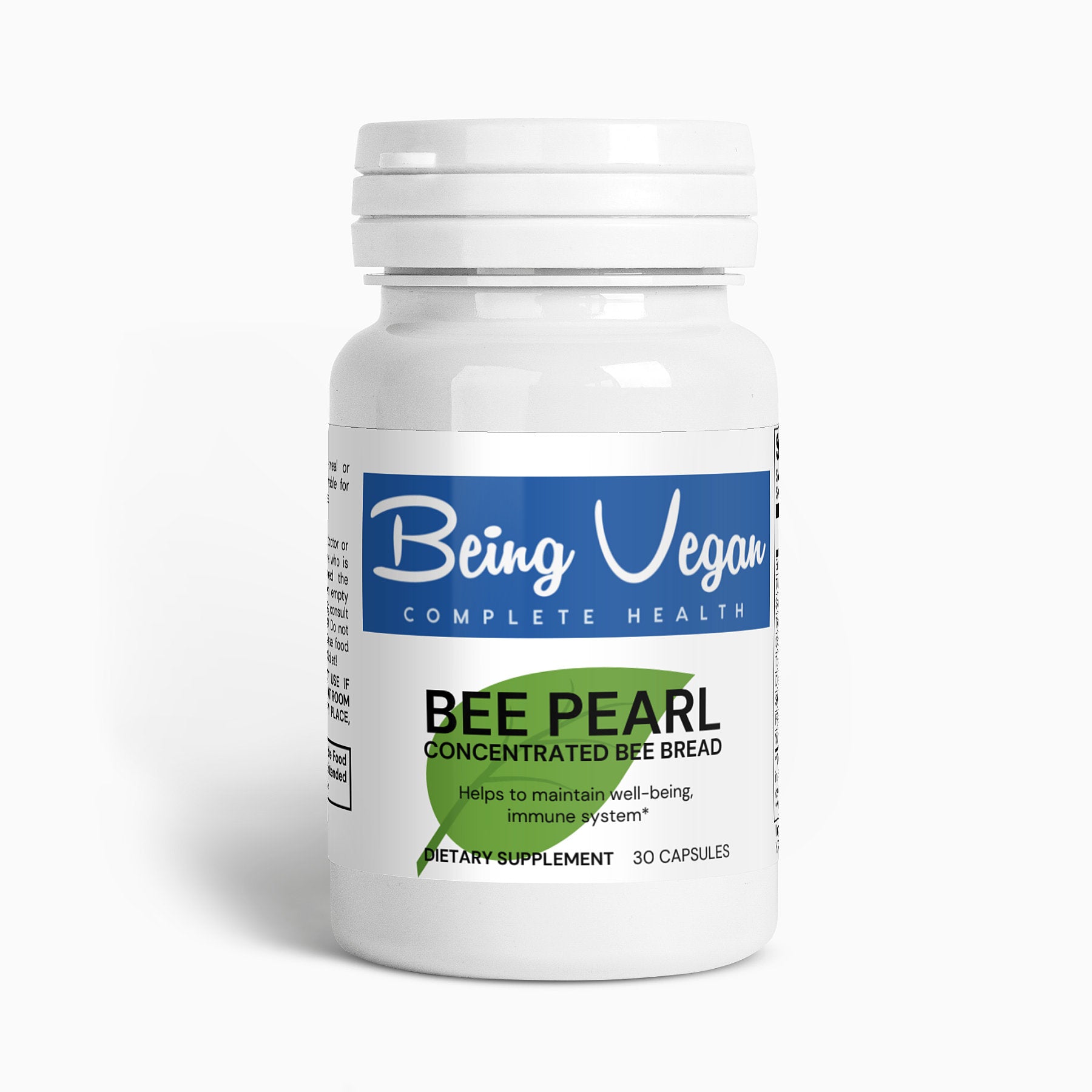 A bottle of Being Vegan Bee Pearl capsules, rich in pollen, nectar, and enzymes, supporting immune health and energy with natural vitamins, minerals, and fatty acids.